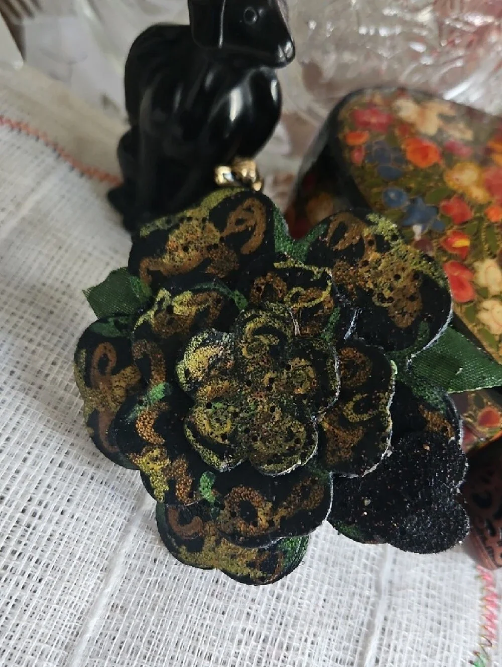 Handcrafted Genuine Leather Hand Tooled & Painted Pet Collar Floral Accent NEW